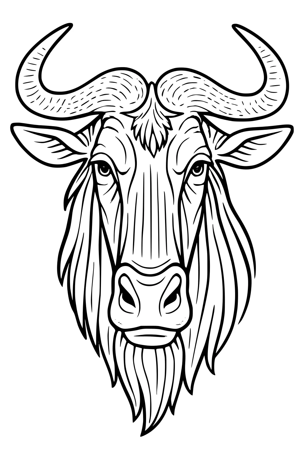 Front view line art of a wildebeest head with curved horns, long shaggy mane and beard, alert eyes, and pointed ears.