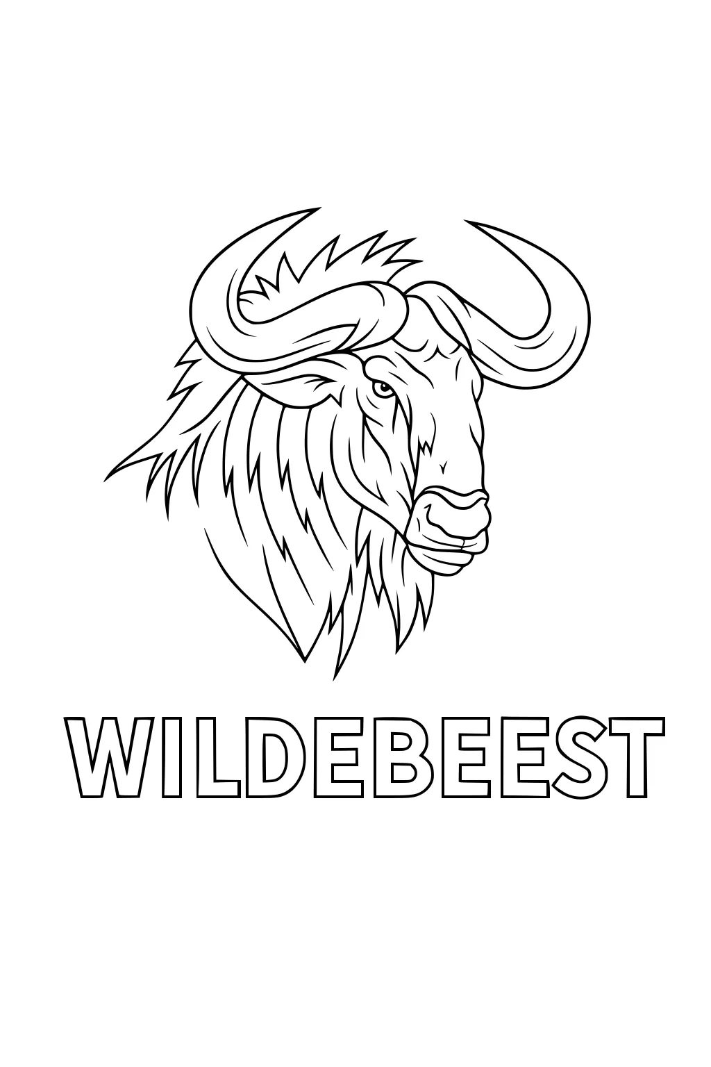 Outline of a wildebeest head with curved horns and shaggy mane; large WILDEBEEST text printed below in bold block letters.
