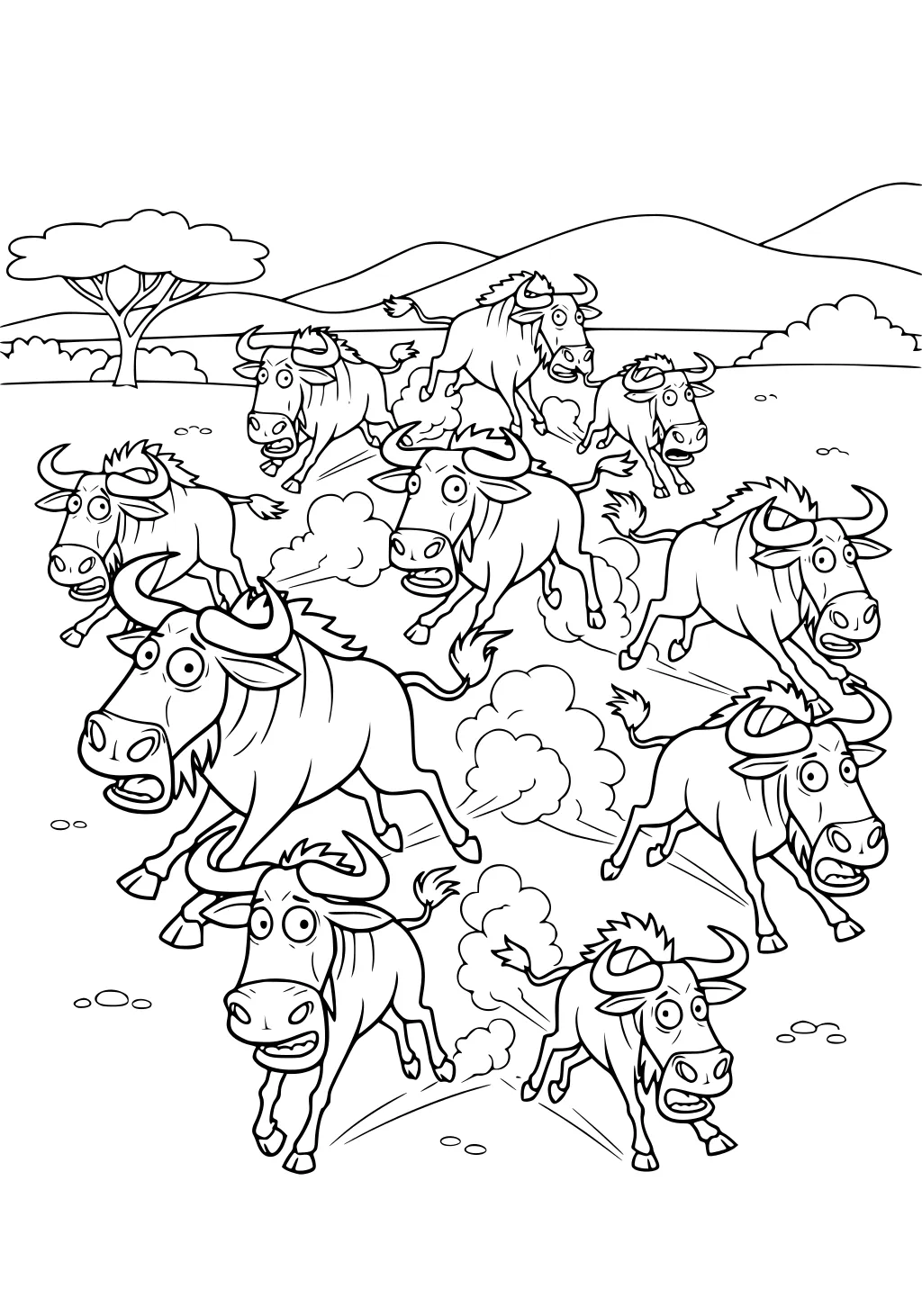 Cartoon wildebeest herd running on savanna; dust clouds, wide eyes, curved horns, with acacia tree and hills behind.
