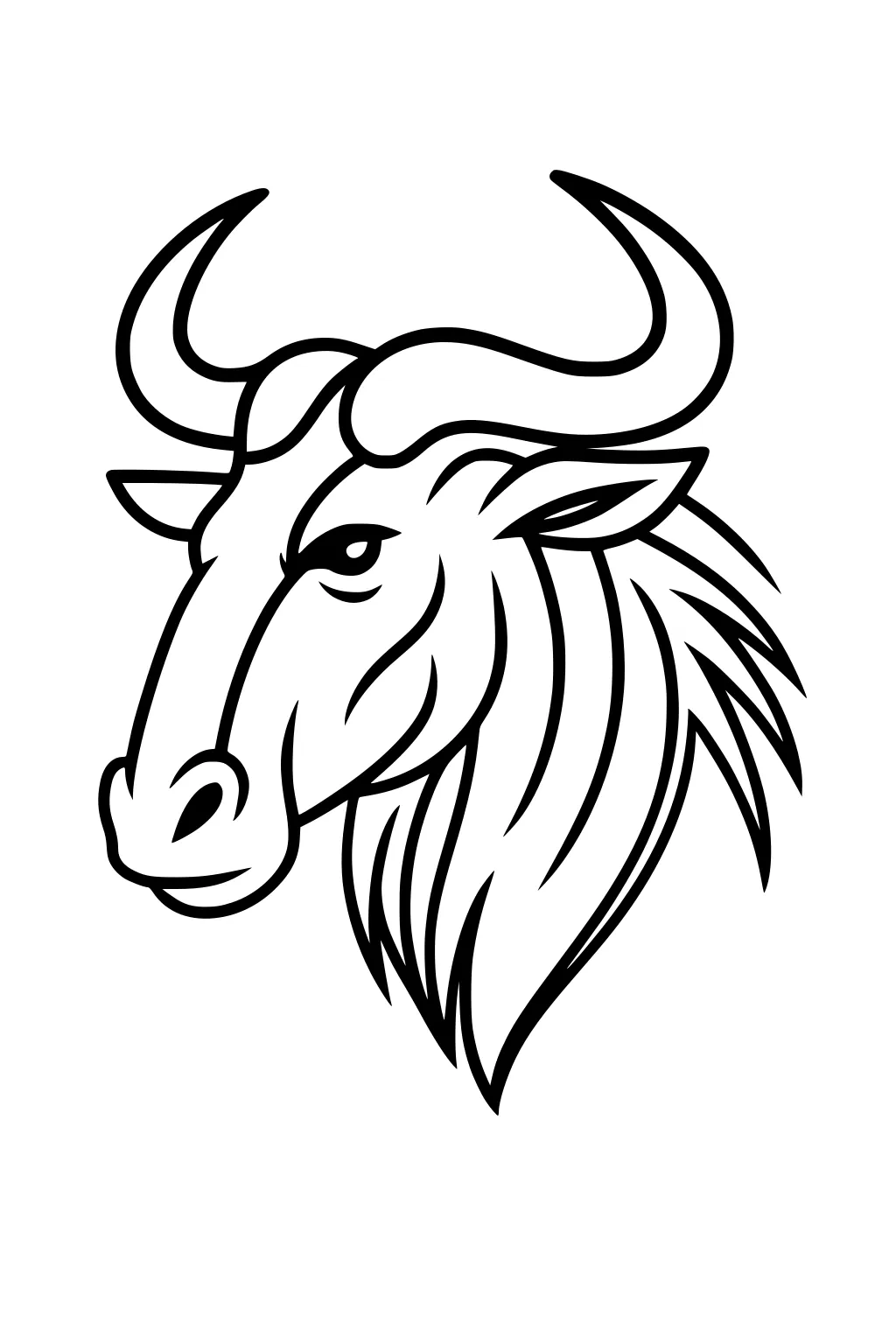 Outline drawing of a wildebeest head in profile with curved horns, shaggy mane, alert eye, and open white background.