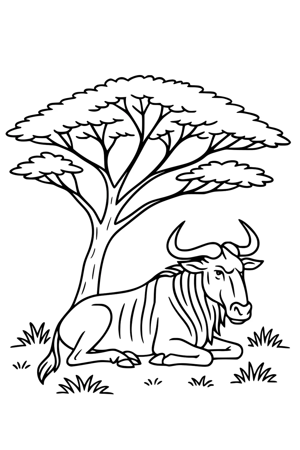 Wildebeest lying in grass under a large acacia tree, curved horns and striped body, with small grass clumps and bold outlines.