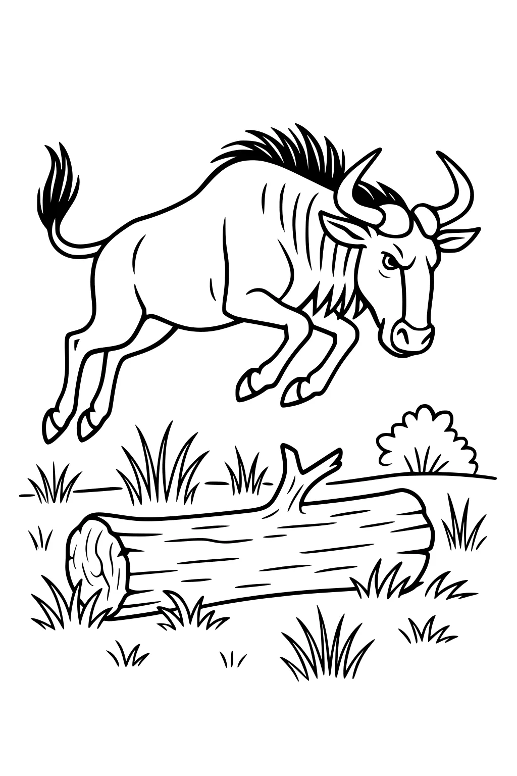 Wildebeest mid-jump over a fallen log, curved horns and shaggy mane, with grass tufts and a small bush in simple line art.