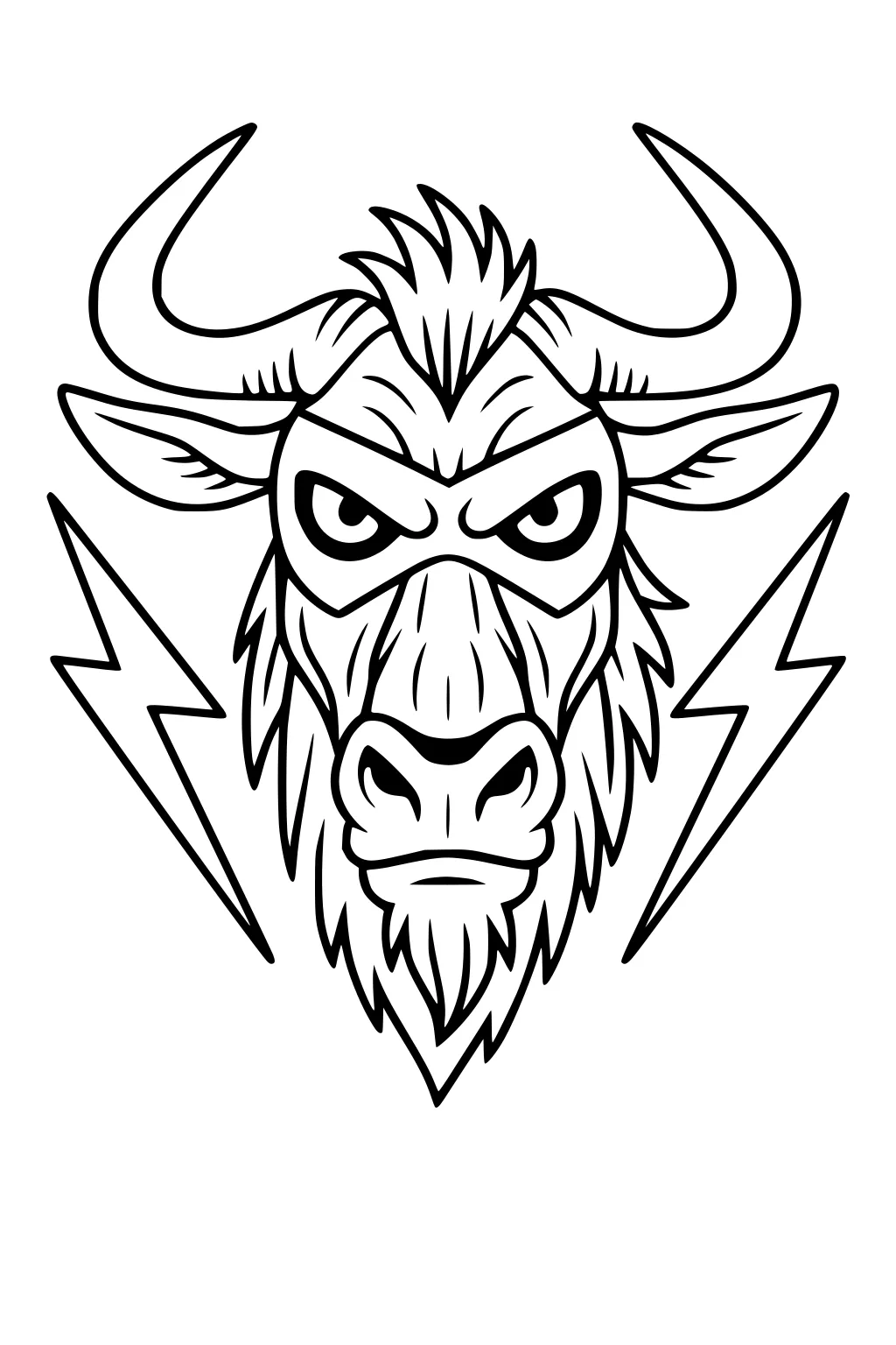 Wildebeest head with big curved horns, bushy mane, angry eyes, and lightning bolt shapes on both sides.