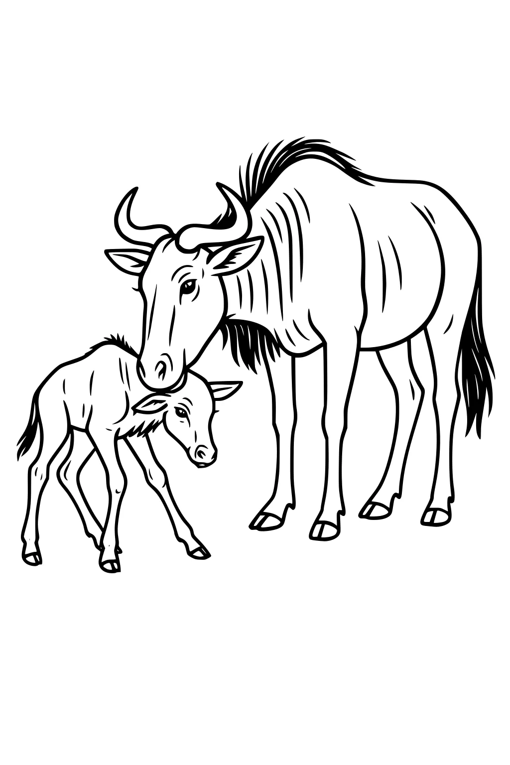 Mother wildebeest nuzzles her calf, both standing. Curved horns, shaggy mane, simple line drawing on white.