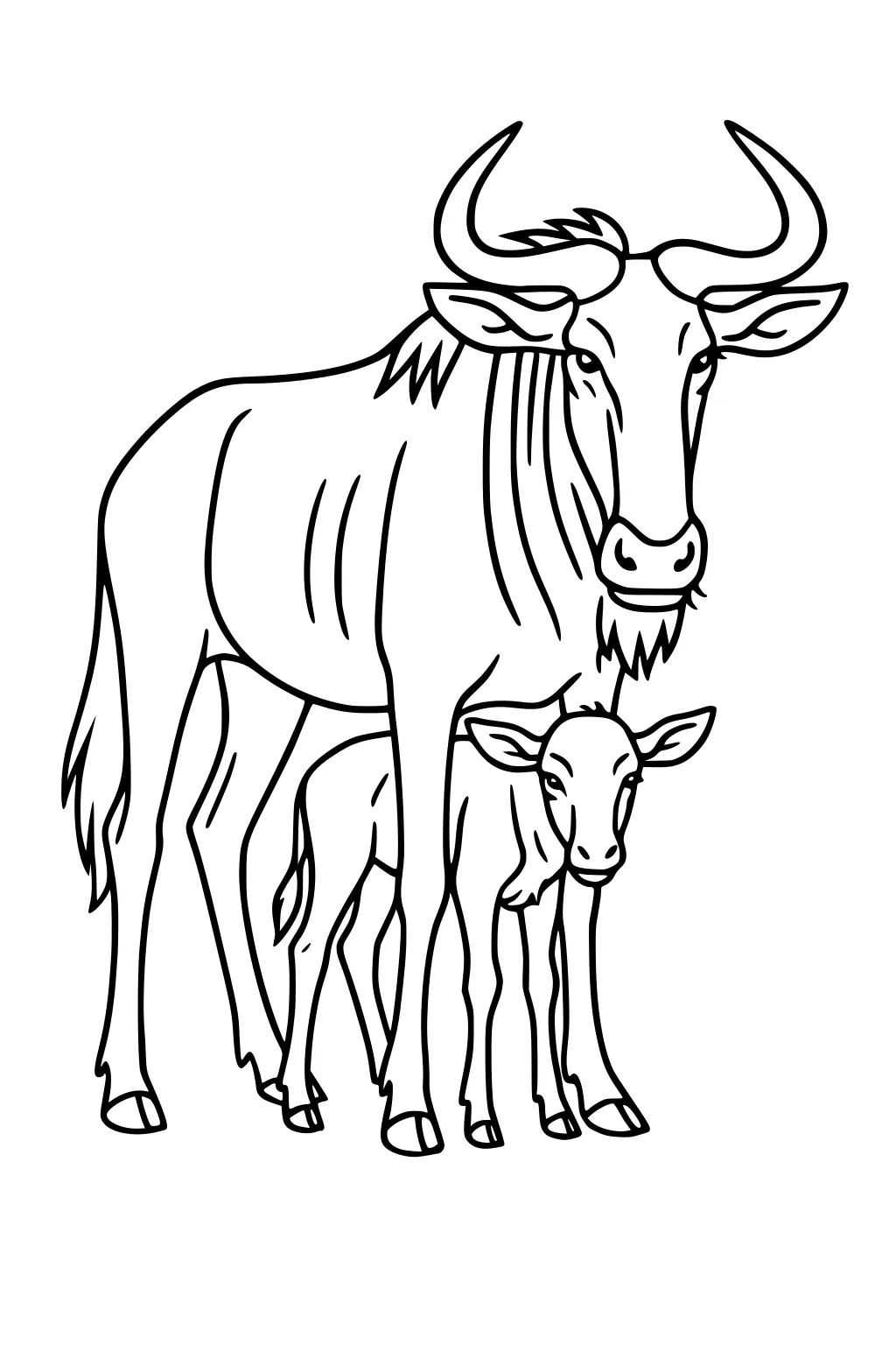 Mother wildebeest with curved horns stands over her calf in simple line art, both facing forward with an open background.