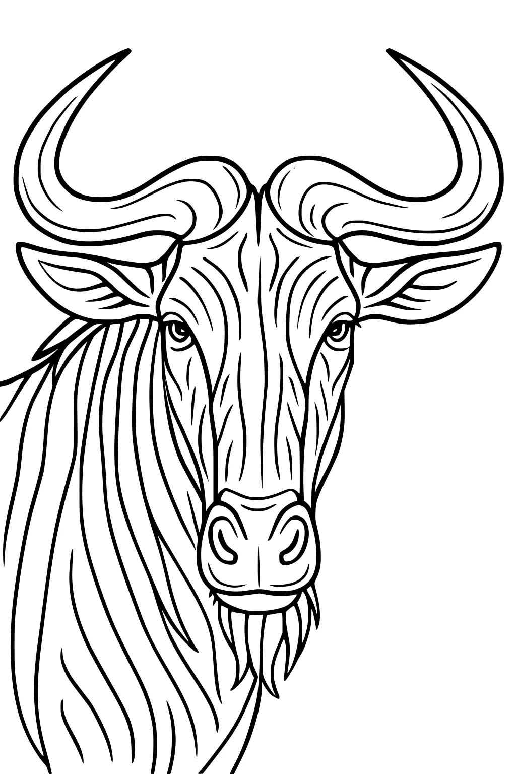 Front view wildebeest with large curved horns, calm eyes, beard, and striped mane, black outline drawing on white background.