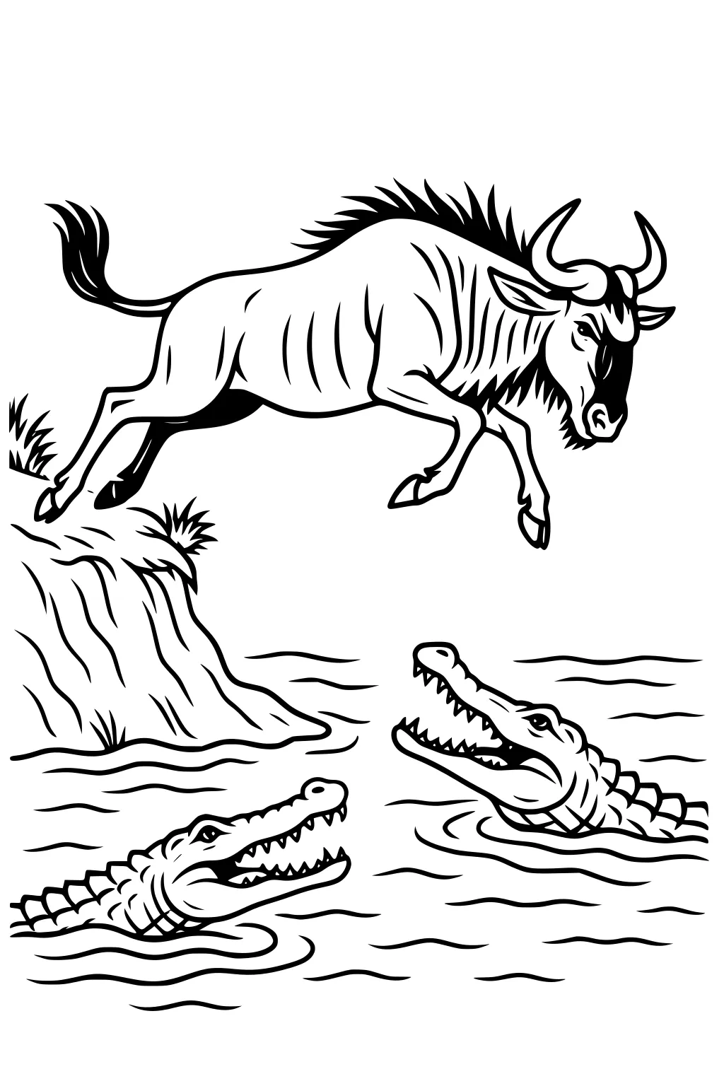 Wildebeest leaps from a riverbank as two crocodiles swim below with open mouths, ripples around them in bold black line art.