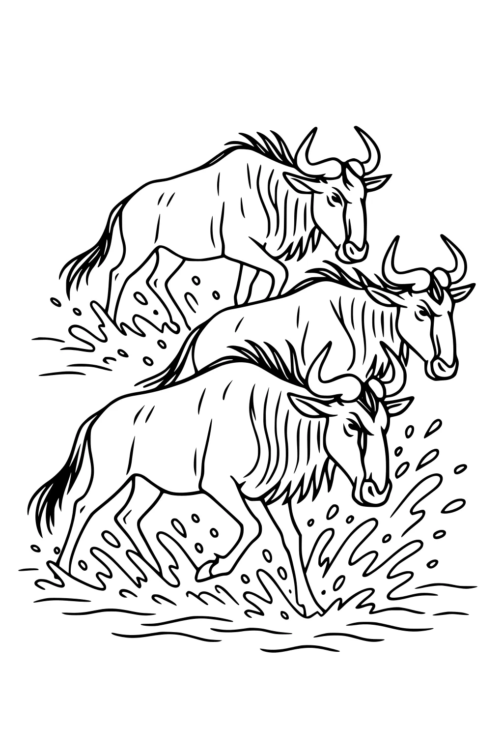 Three wildebeest run through shallow water with splashes, horns curved, shaggy manes and beards, simple line art.