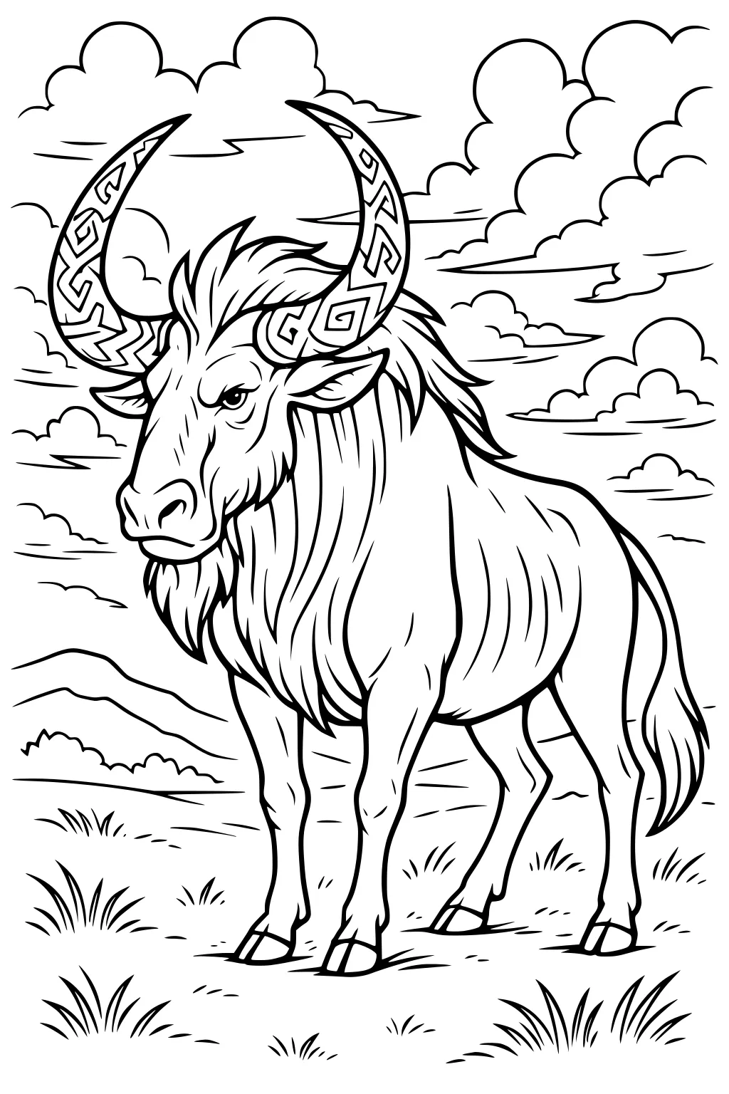 Wildebeest with patterned curved horns stands on a grassy savanna, clouds stacked in the sky and low hills in the background.