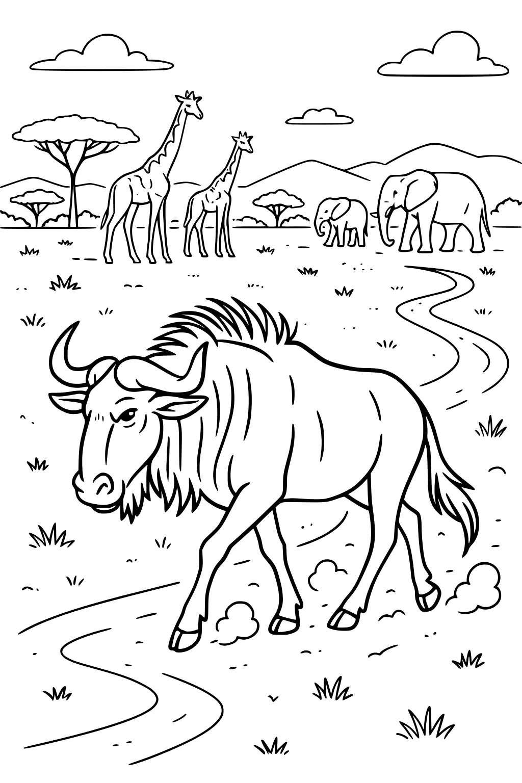 Wildebeest on a winding savanna path, dust at hooves; giraffes, elephant and calf behind, with acacia trees, hills, and clouds.