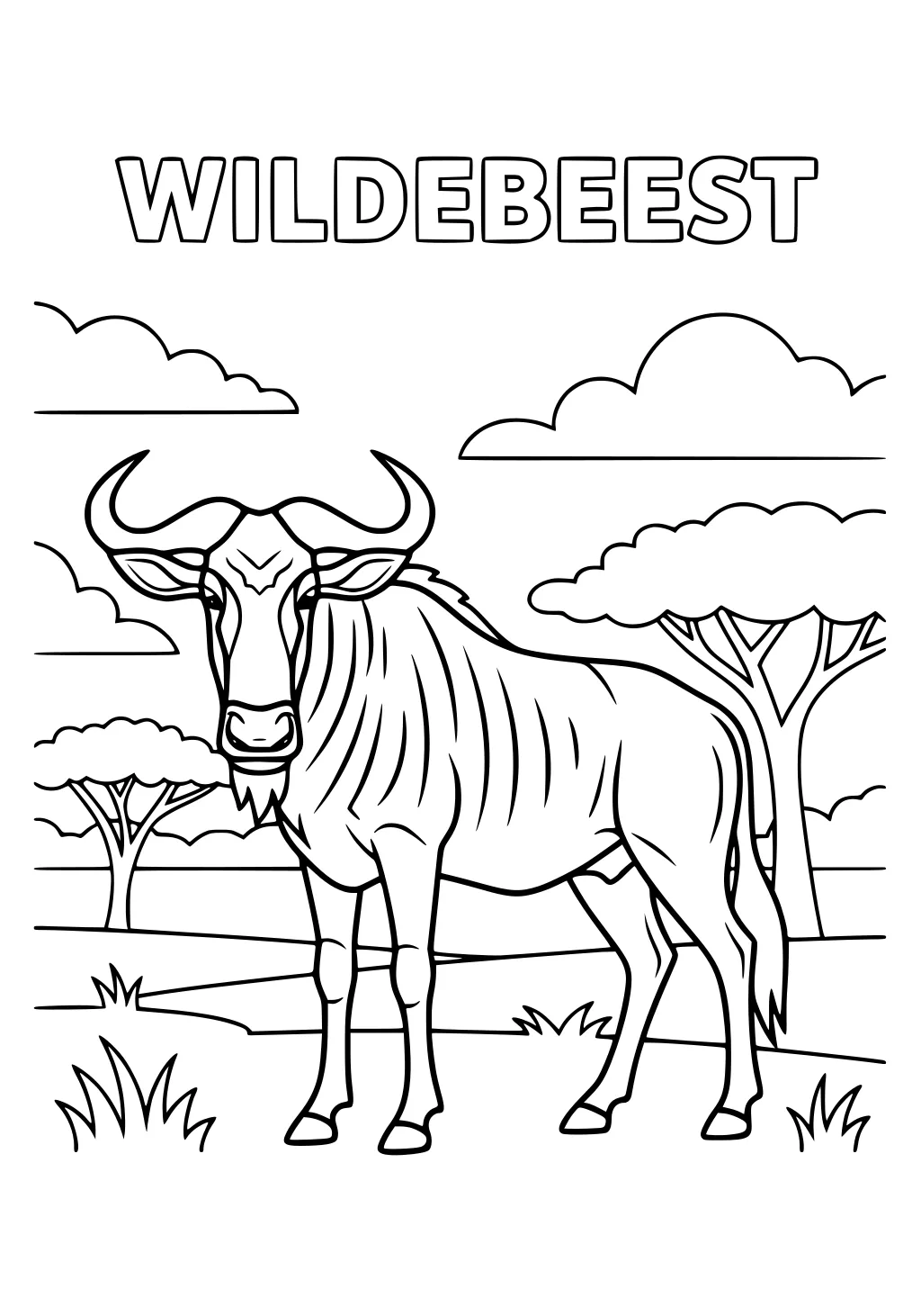 Line art of a wildebeest with curved horns standing on a grassy savanna with acacia trees and clouds; title WILDEBEEST above.
