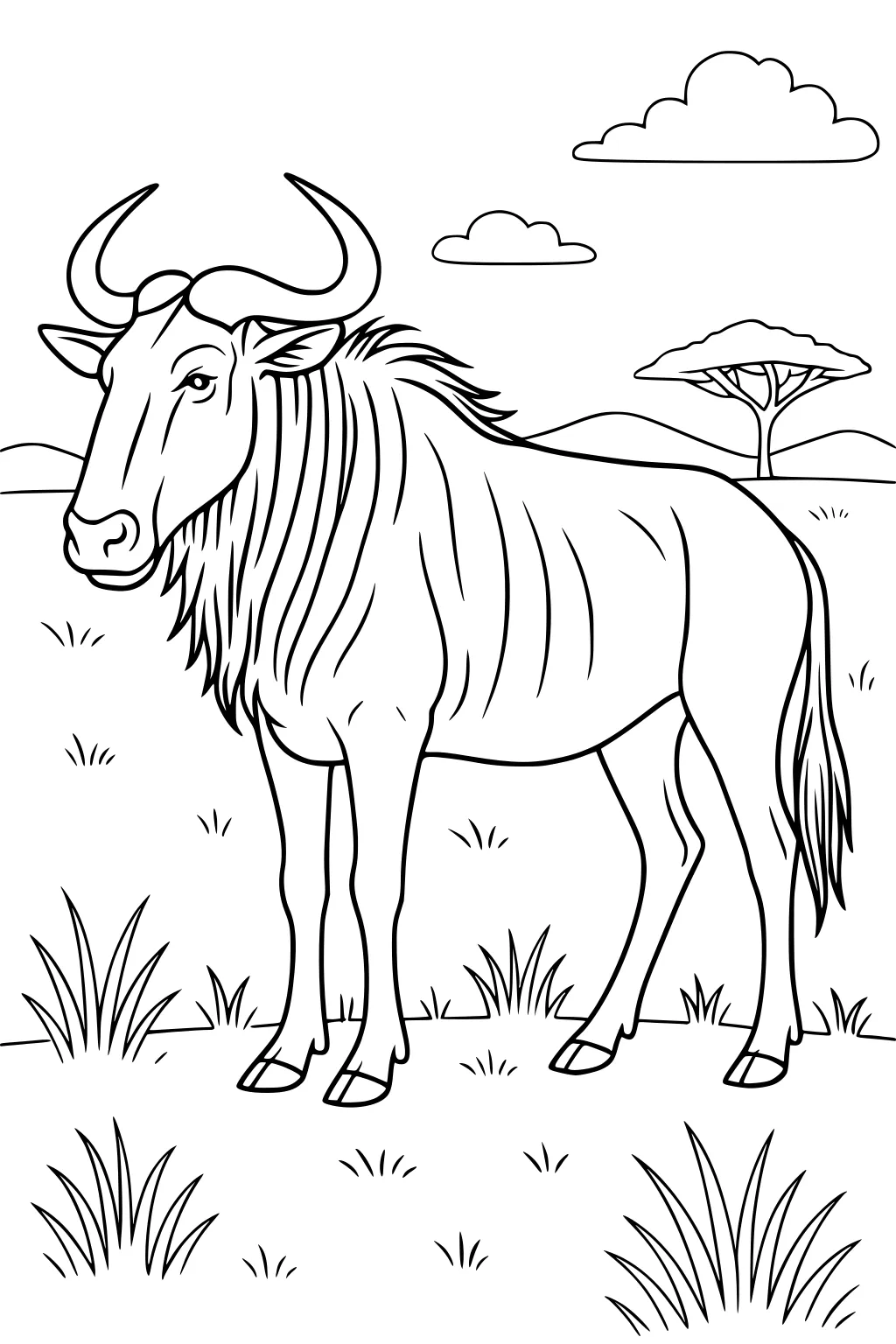 Wildebeest with large curved horns standing on grassy savannah with tree, hills, and scattered clouds in background.
