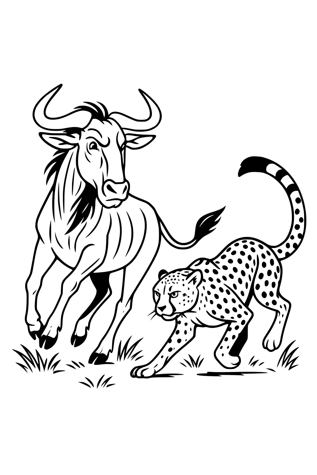 Wildebeest running in grass with curved horns and shaggy mane, trailed by a crouching cheetah with spots and a raised tail.