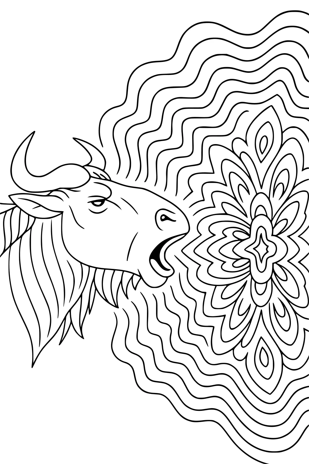 Wildebeest head braying with curved horns and shaggy mane; wavy lines and a mandala-style pattern radiate from its mouth.