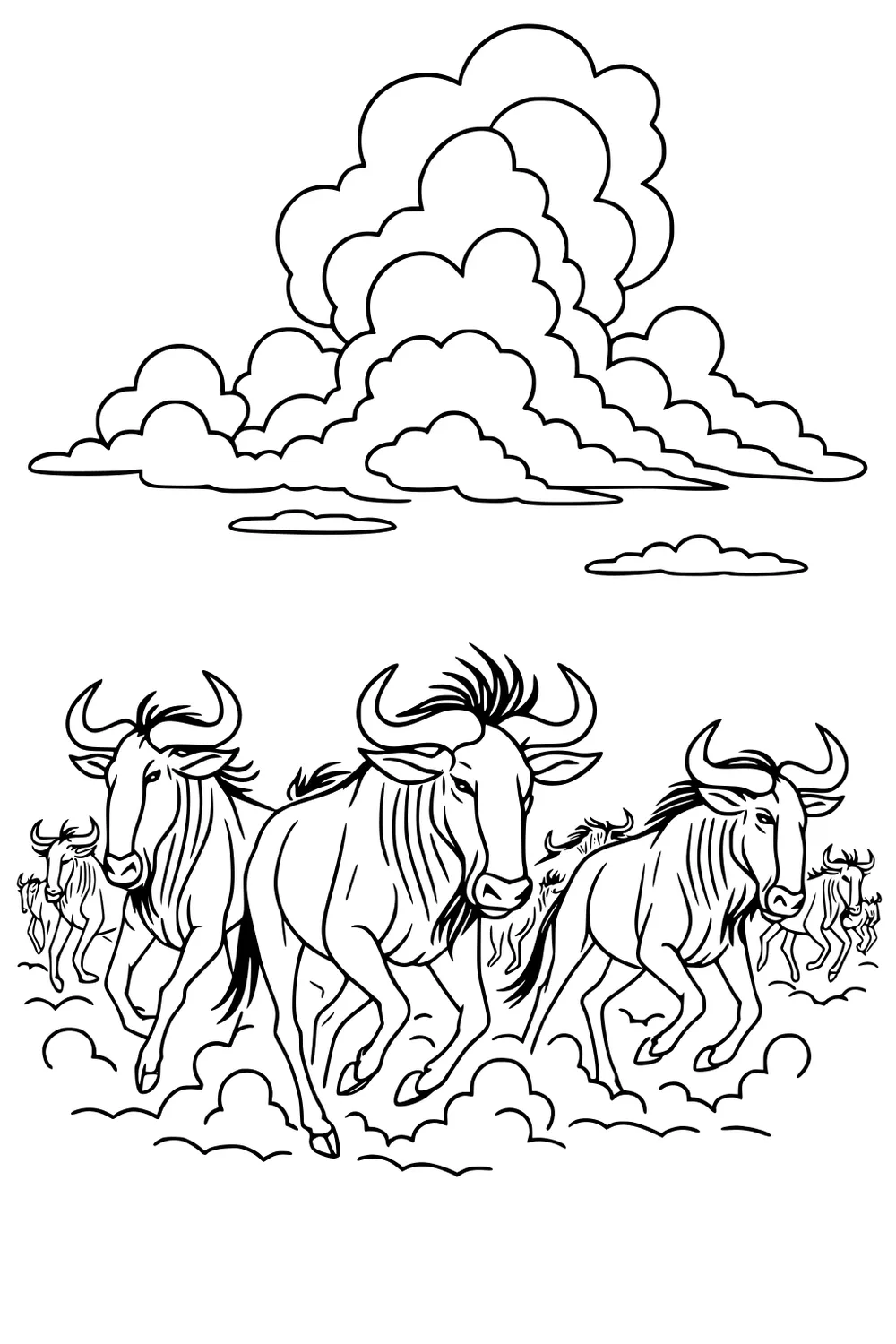 Three wildebeest run toward the viewer, dust at hooves, curved horns; smaller herd behind and big puffy clouds above.