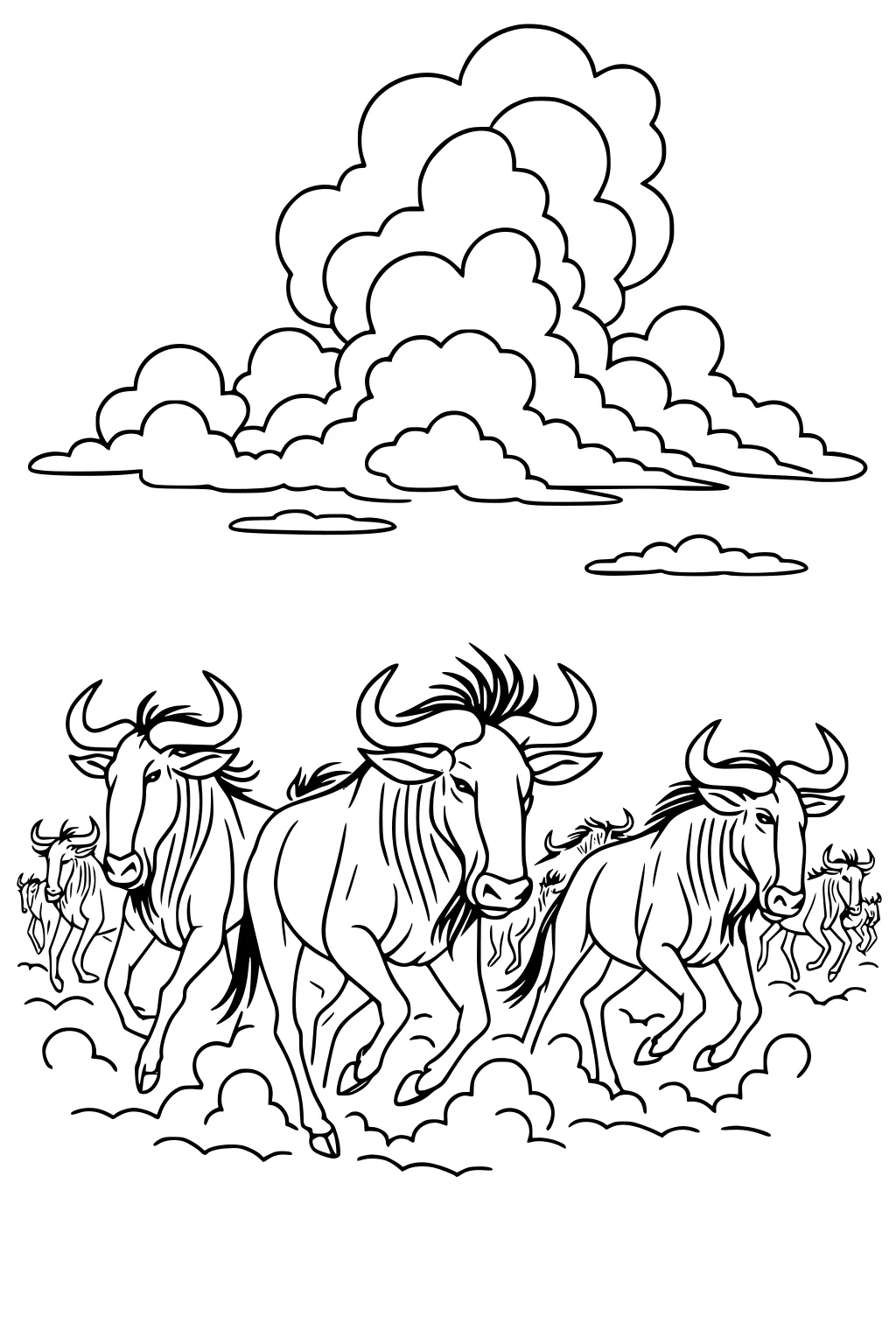 Three wildebeest run toward the viewer, dust at hooves, curved horns; smaller herd behind and big puffy clouds above.