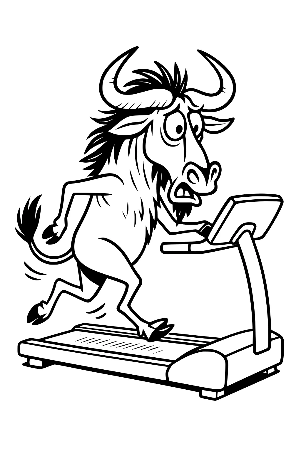Cartoon wildebeest on a treadmill, wide eyes, curved horns, shaggy mane, lifted hoof, flicking tail, simple console, rail.
