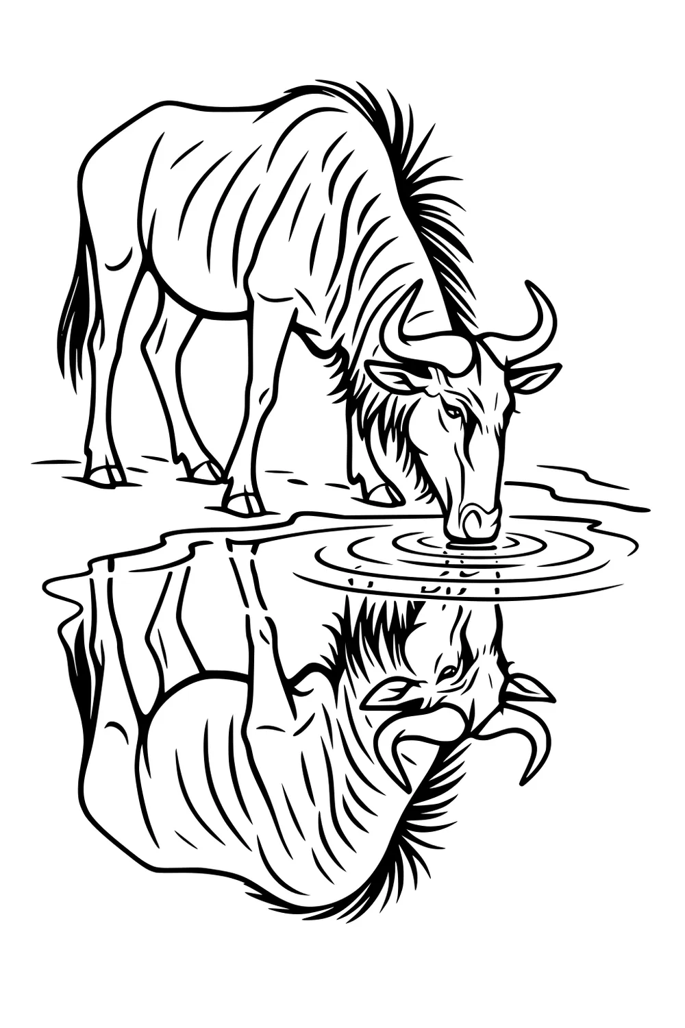Wildebeest with curved horns drinks at a waterhole, ripples around its muzzle and a clear reflection below, bold line art.