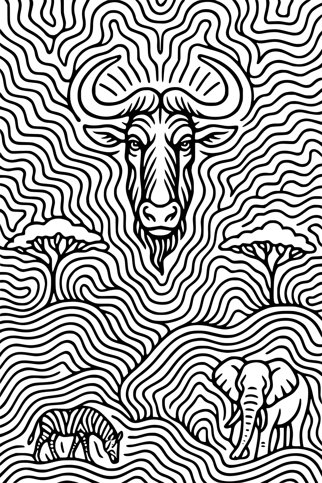 Wildebeest head with flowing wavy lines, a zebra grazing, an elephant standing, and two acacia trees in a stylized savanna.