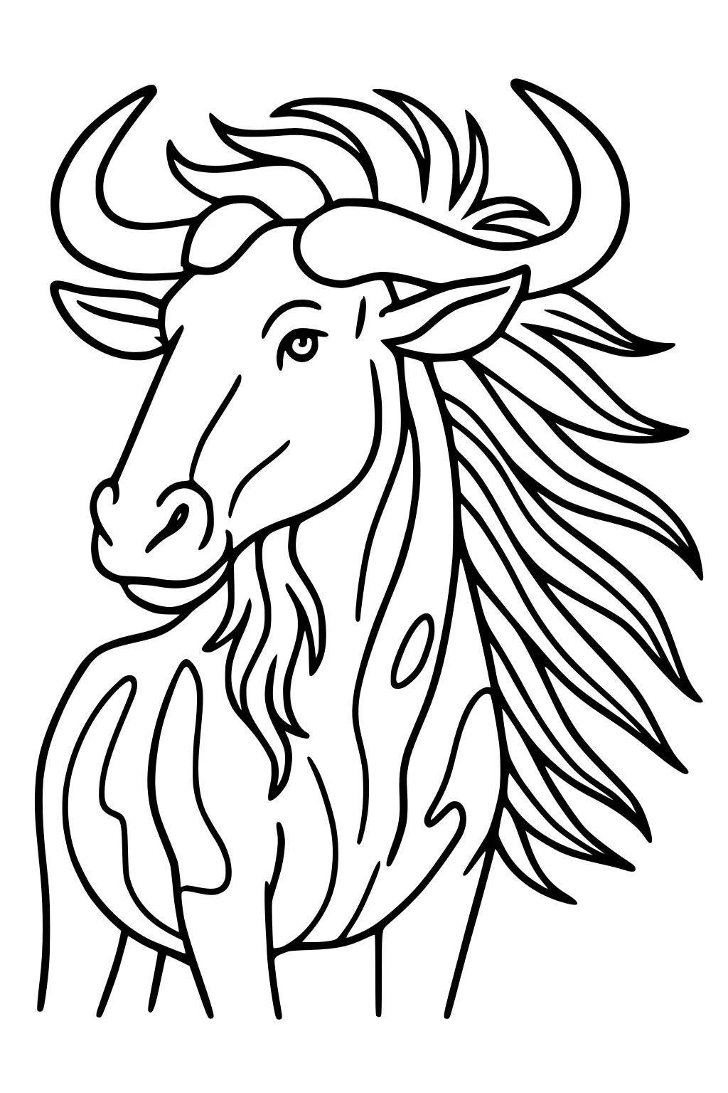 Line drawing of a wildebeest with curving horns, a long mane, and bold body stripes.