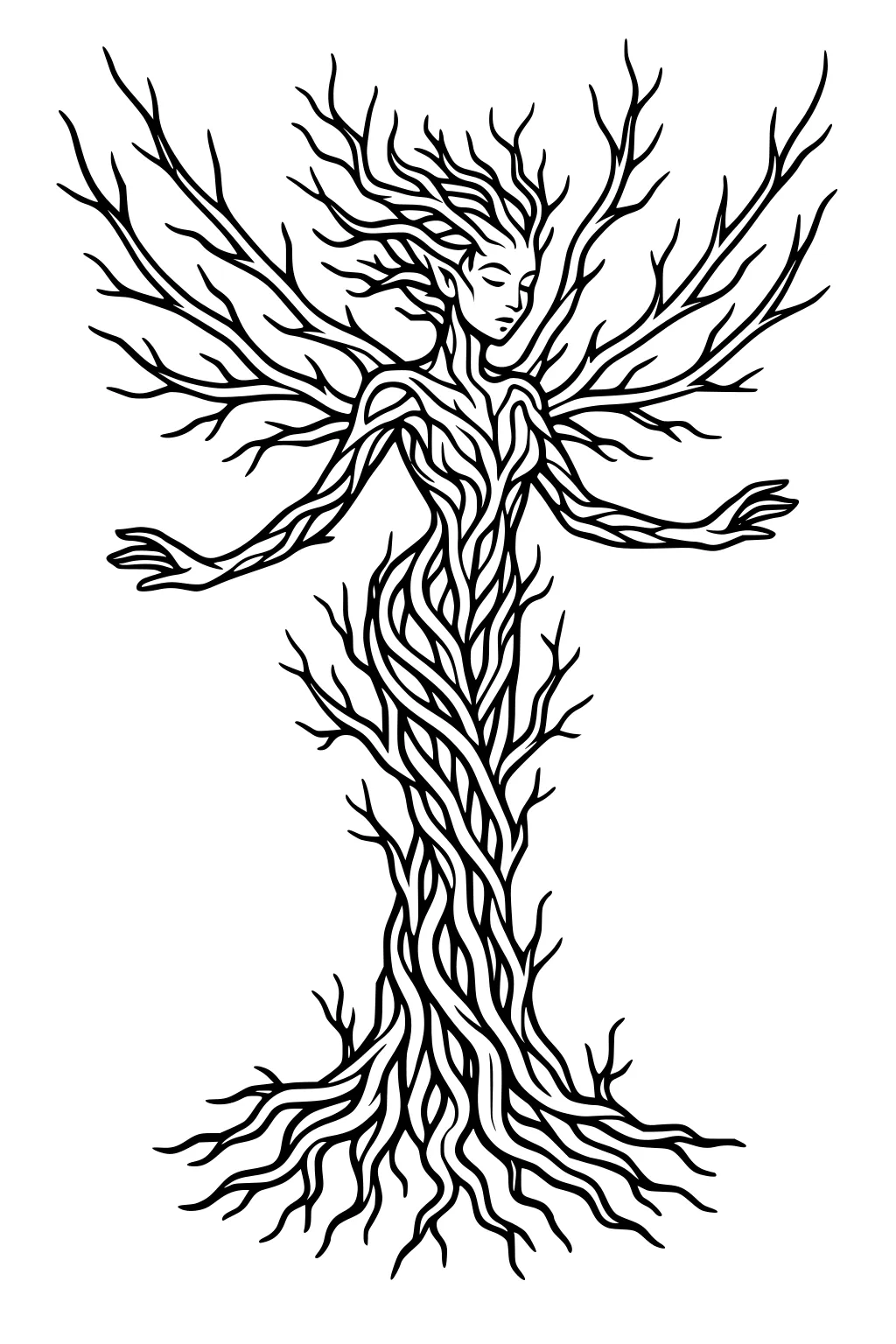 Line art of a tree fairy girl with branch wings, vine hair, and a trunk-like body that flows into spreading roots.