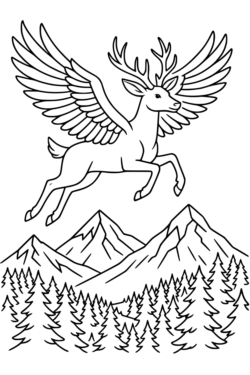 Winged deer flying above pine trees and mountain peaks, with detailed antlers and large feathered wings.