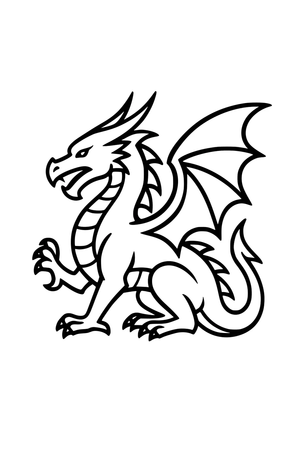 Side-view dragon with horns, open mouth, raised claw, bat-like wing, spiky back, belly plates, and curled tail in bold line art.