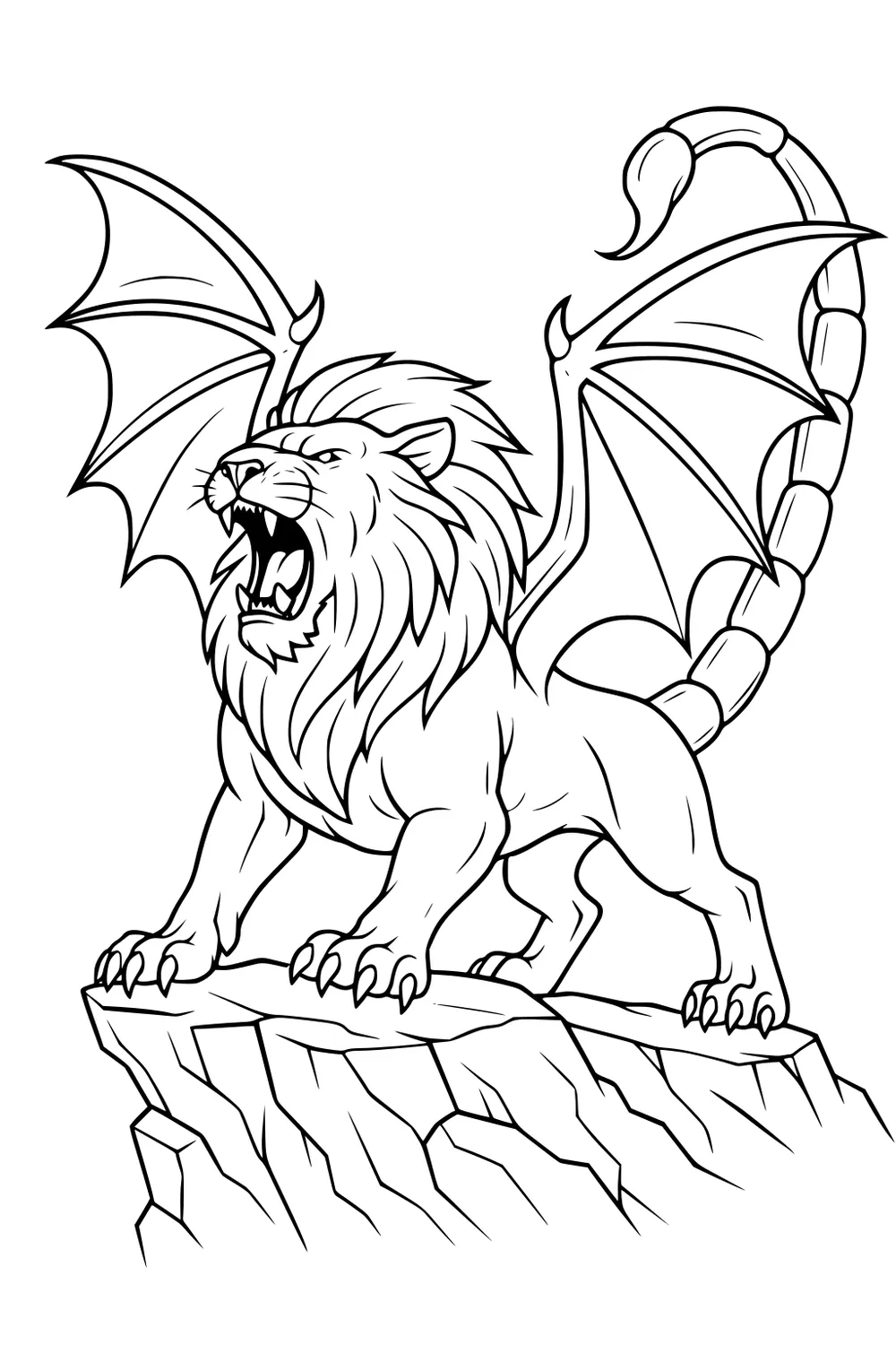 Winged lion manticore roaring on a rocky cliff, bat wings spread, scorpion tail raised, claws gripping stone in line art.