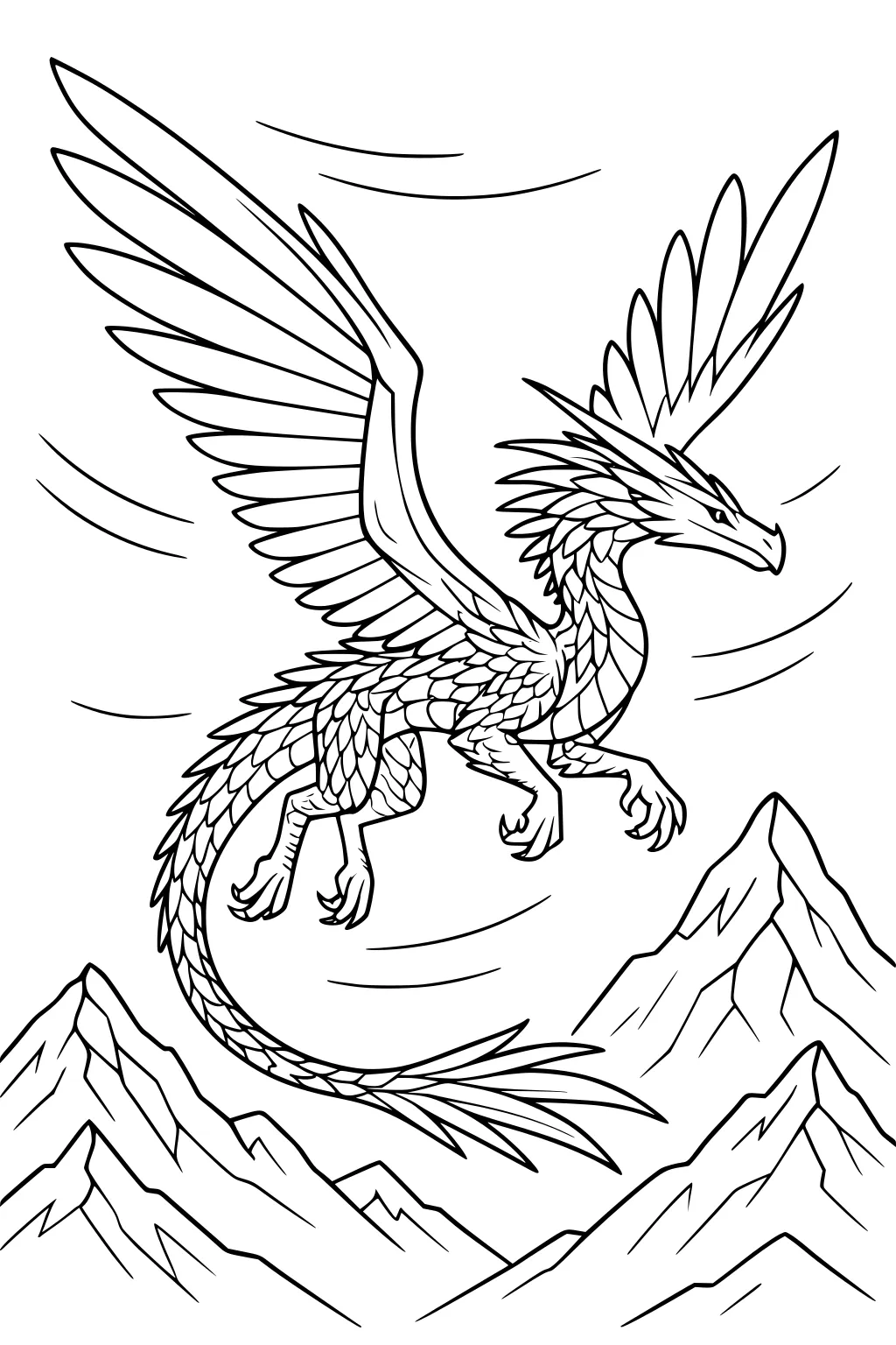 Winged dragon with scaled body and long tail flying above jagged mountains, feathers spread wide, line art with wind swirls.
