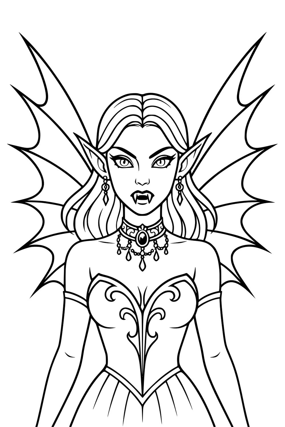 Girl vampire with bat wings, fangs, pointed ears, ornate dress, jeweled choker and earrings, front-view line art.