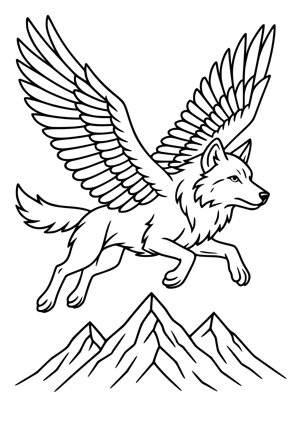 Winged wolf flying above jagged mountain peaks, side view, large feathered wings spread wide, tail streaming behind.