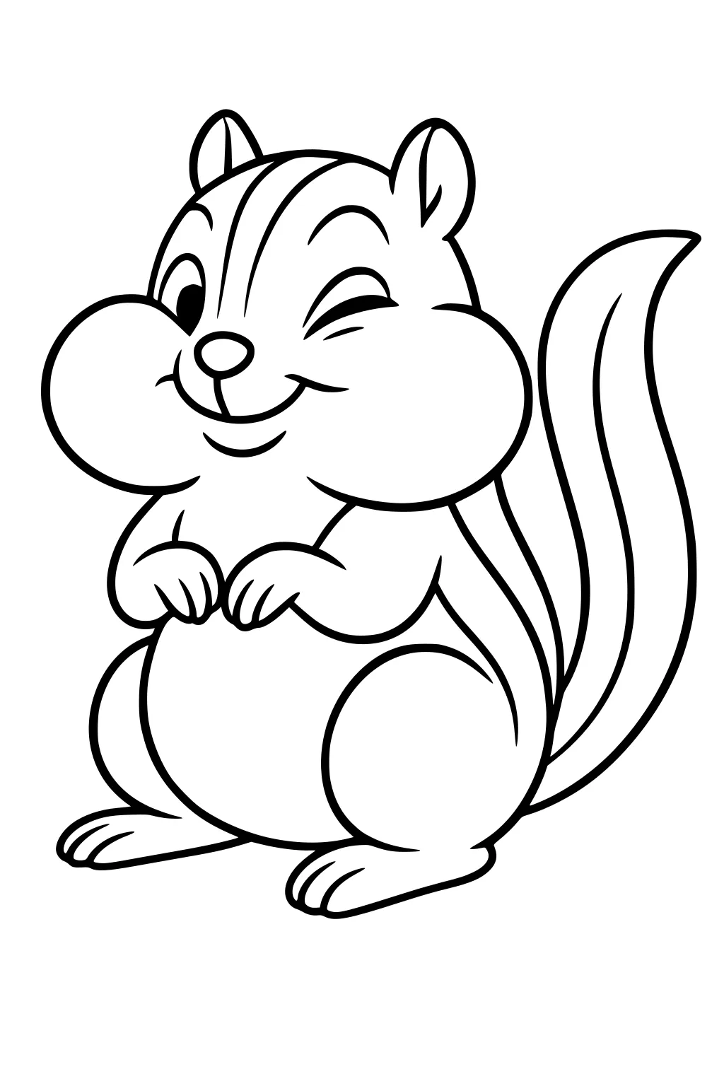 Cartoon chipmunk with puffy cheeks, winking, smiling, upright with small paws up and a tall, bushy curved tail.