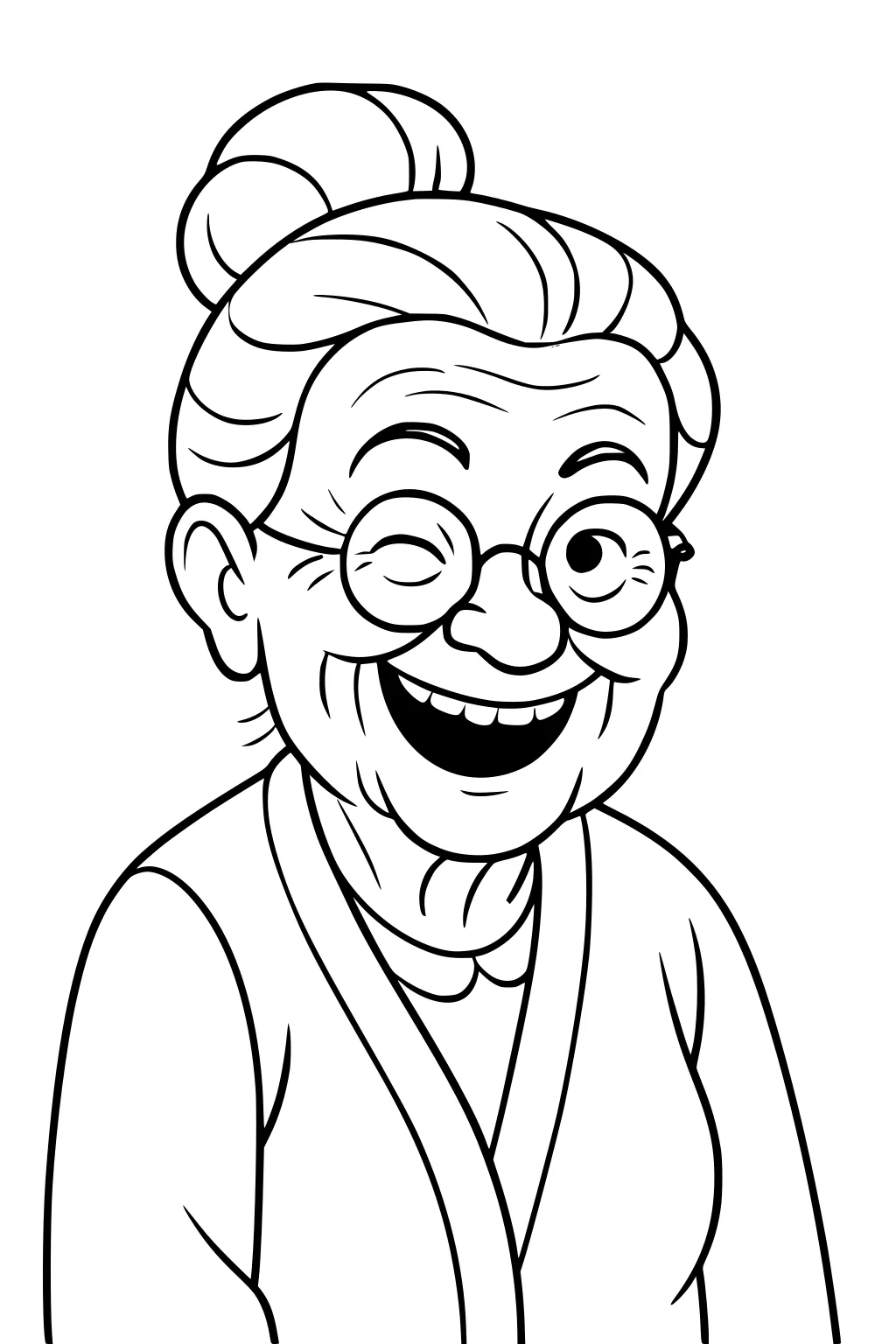 Smiling grandmother cartoon with round glasses, winking, hair in a bun, wearing a cardigan; simple black outlines on white.