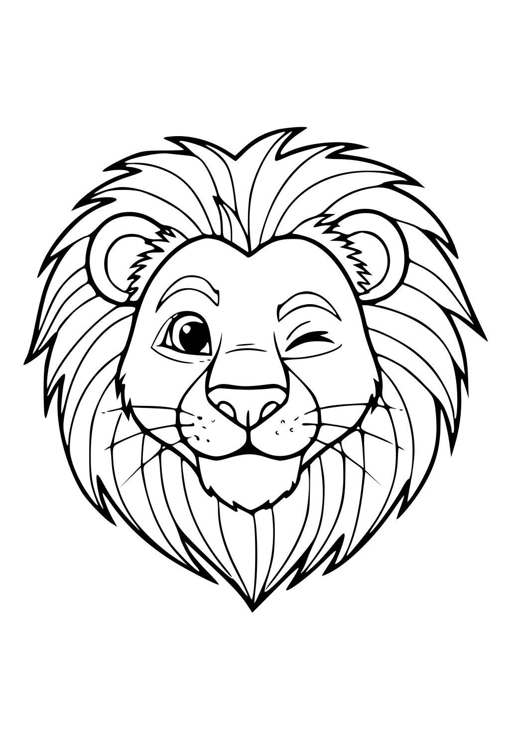 Outline drawing of a lion's head, winking with a wide mane and a friendly, half-smiling face.