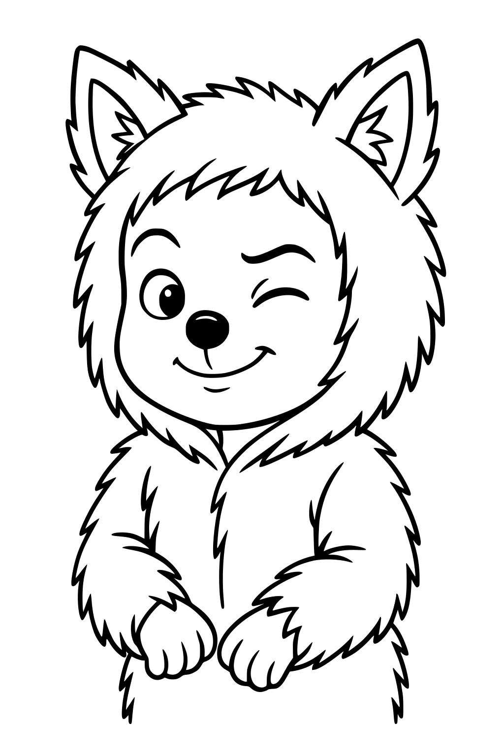 Smiling boy werewolf winks with one eye, big pointy ears, fluffy fur suit, and small raised paws, outlined in bold lines.