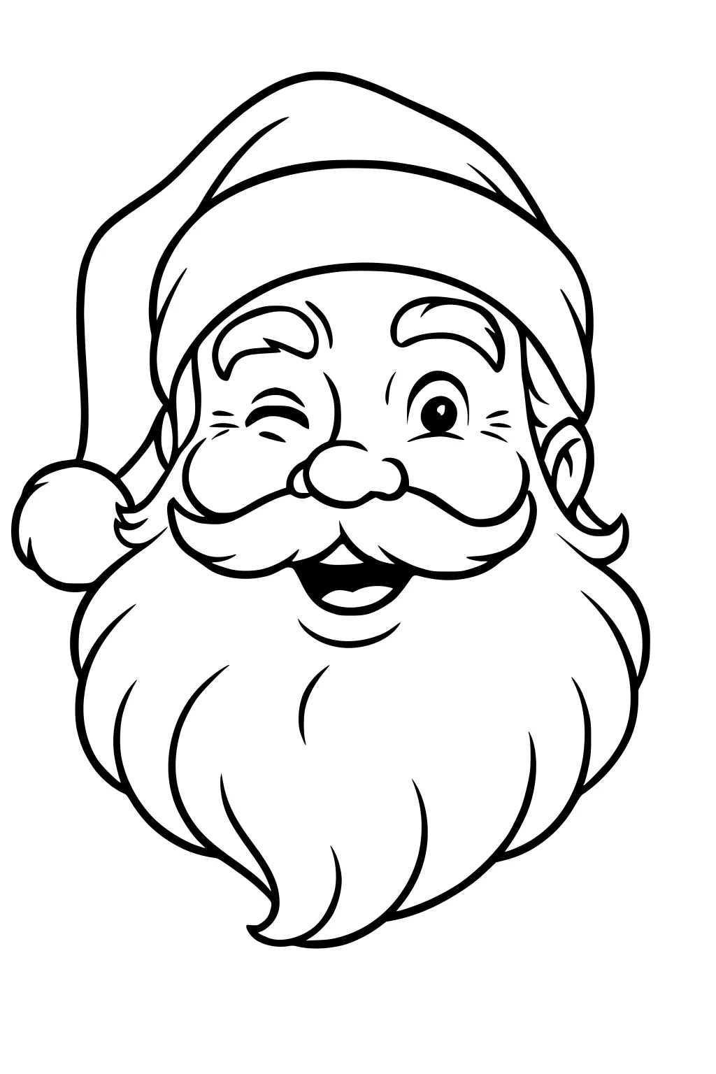 Winking Santa Claus face with pom-pom hat, curled mustache, fluffy beard, and open smile, drawn with bold simple outlines.