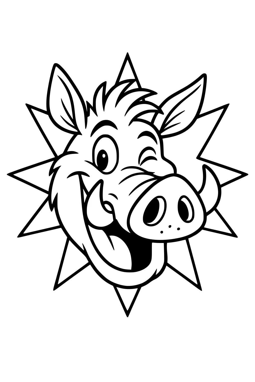 Cartoon warthog face with a big smile and a wink, surrounded by a starburst outline.