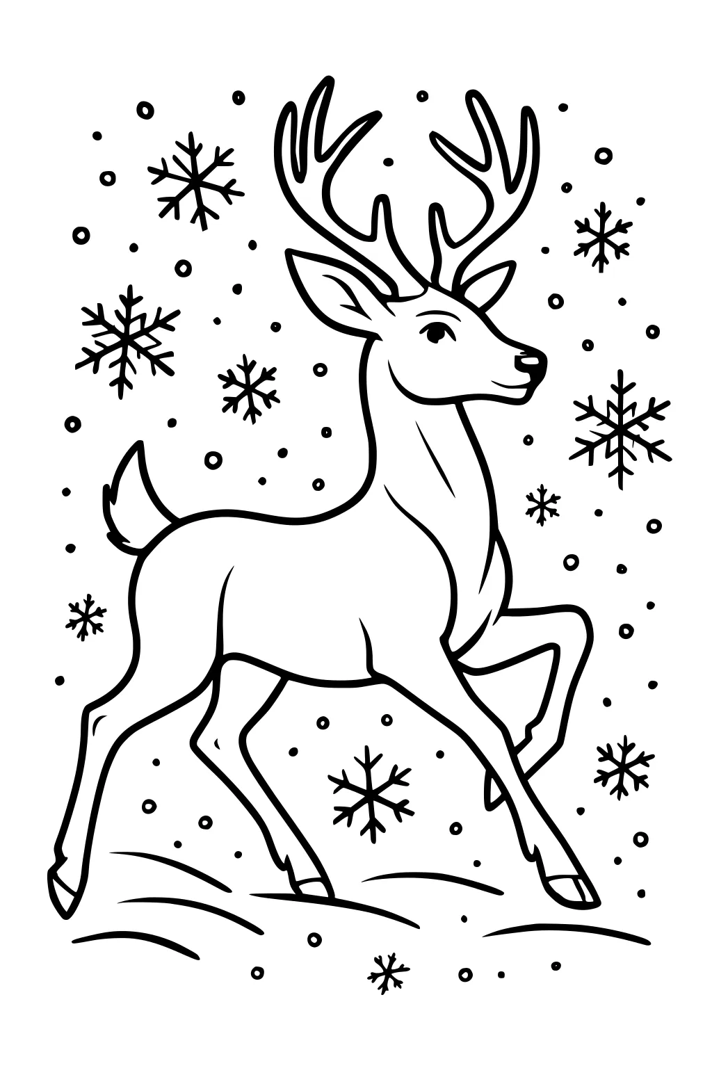 Young deer with antlers prancing on snow with large snowflakes falling around on a winter scene coloring page.