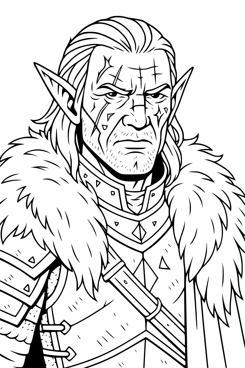 Stern elf man with long hair, pointed ears, facial scars, fur cloak, and patterned armor in black-and-white line art.