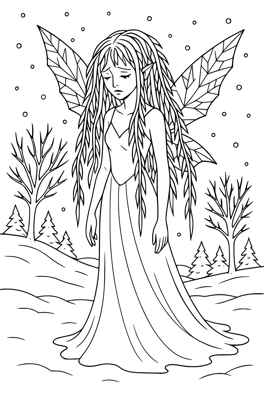 Sad fairy girl with geometric wings in snowy forest, long hair, flowing dress, bare trees and pine trees, falling snow.