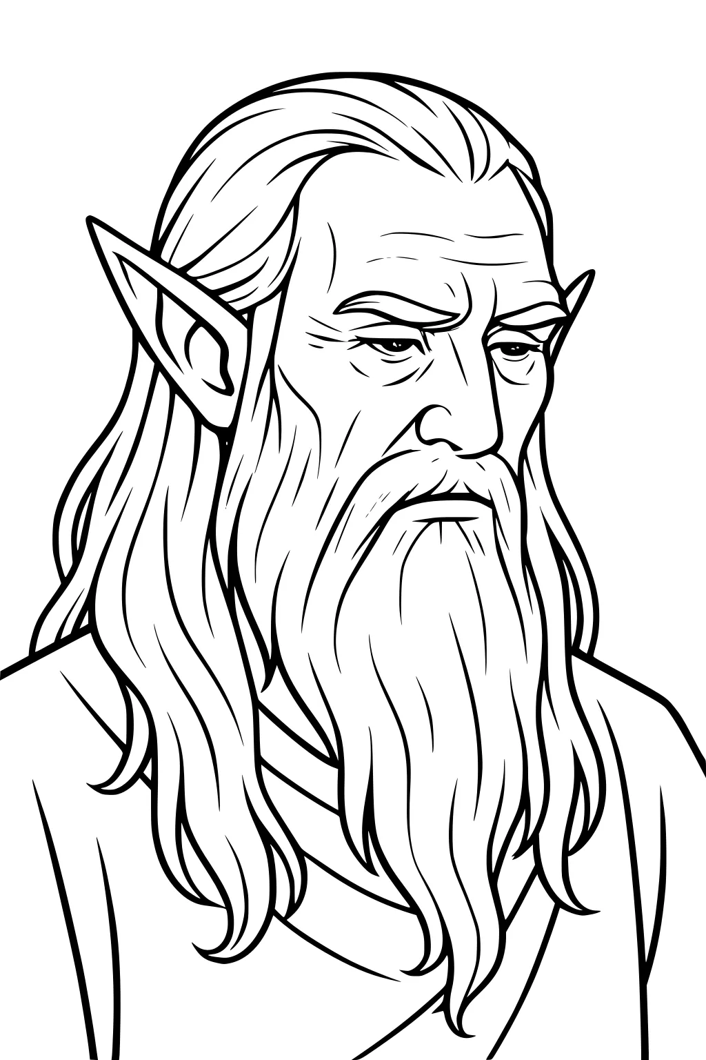 Line art of an elderly male elf with pointed ears, long hair, and a flowing beard, shown from the shoulders up.
