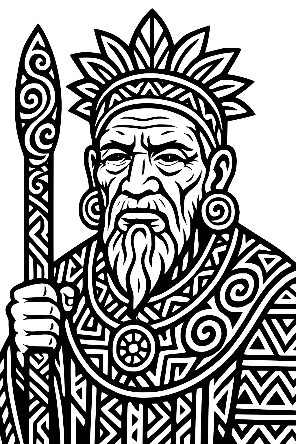 Elderly man with beard holds swirled staff, sunburst headband, round earrings, and a robe filled with geometric patterns.