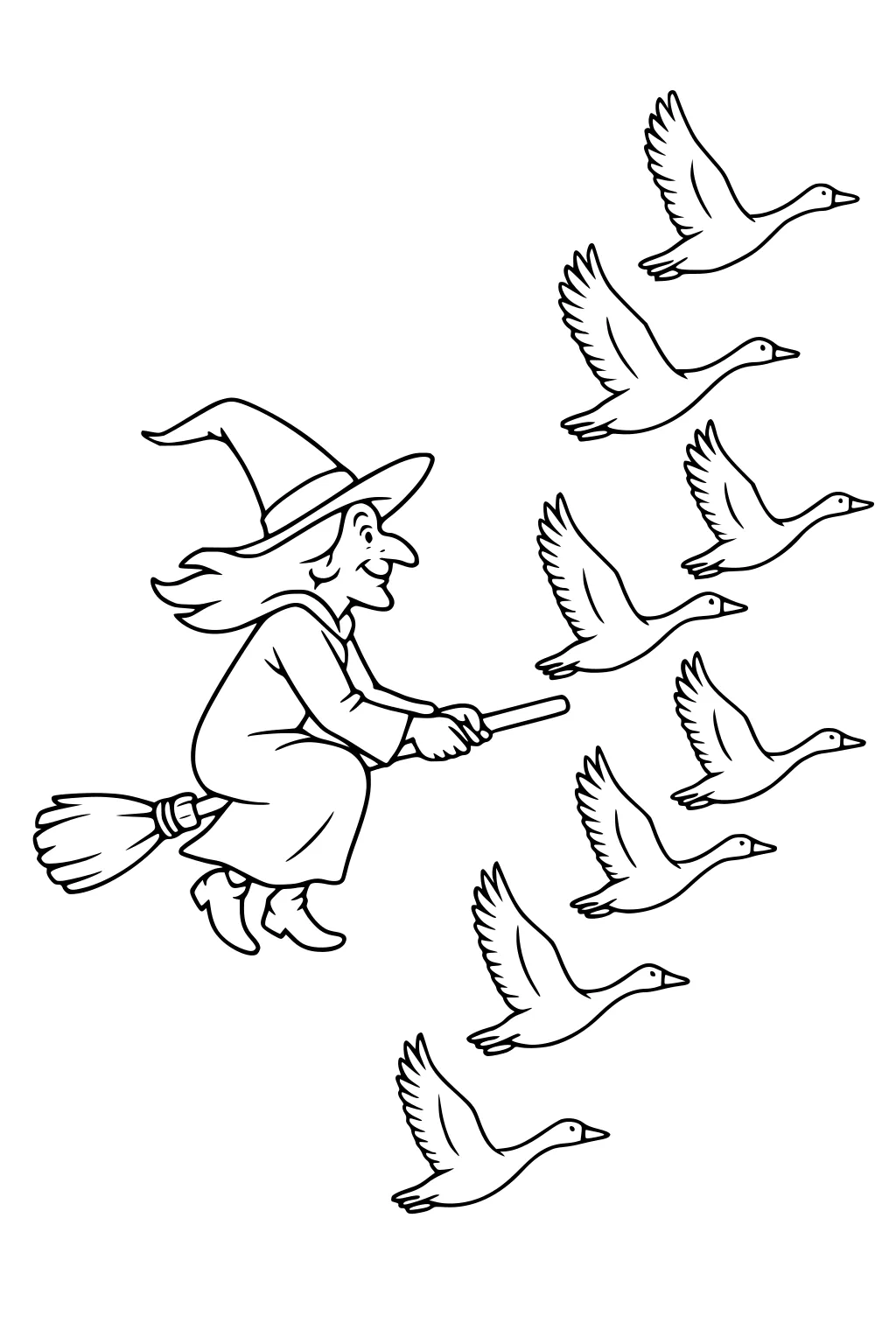 Smiling witch on a broom flies beside a flock of geese, wearing a pointy hat and robe, with open sky background.