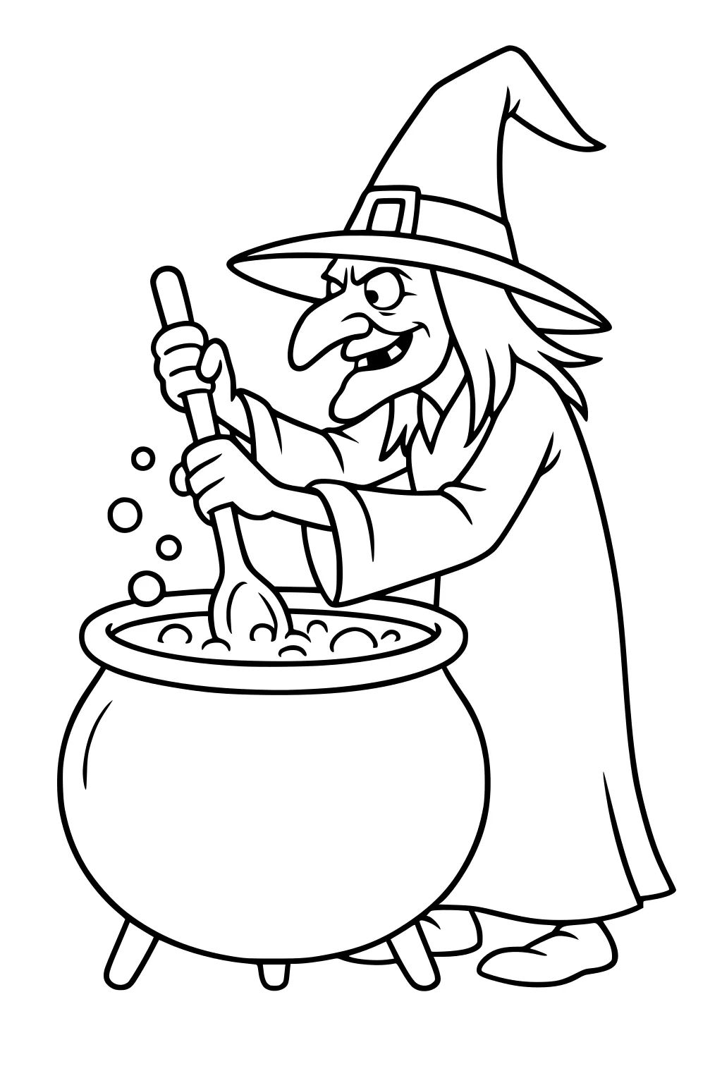 Cartoon witch in pointy hat stirs a bubbling cauldron with a spoon, grinning as bubbles pop. Long robe, buckle hat, simple lines.
