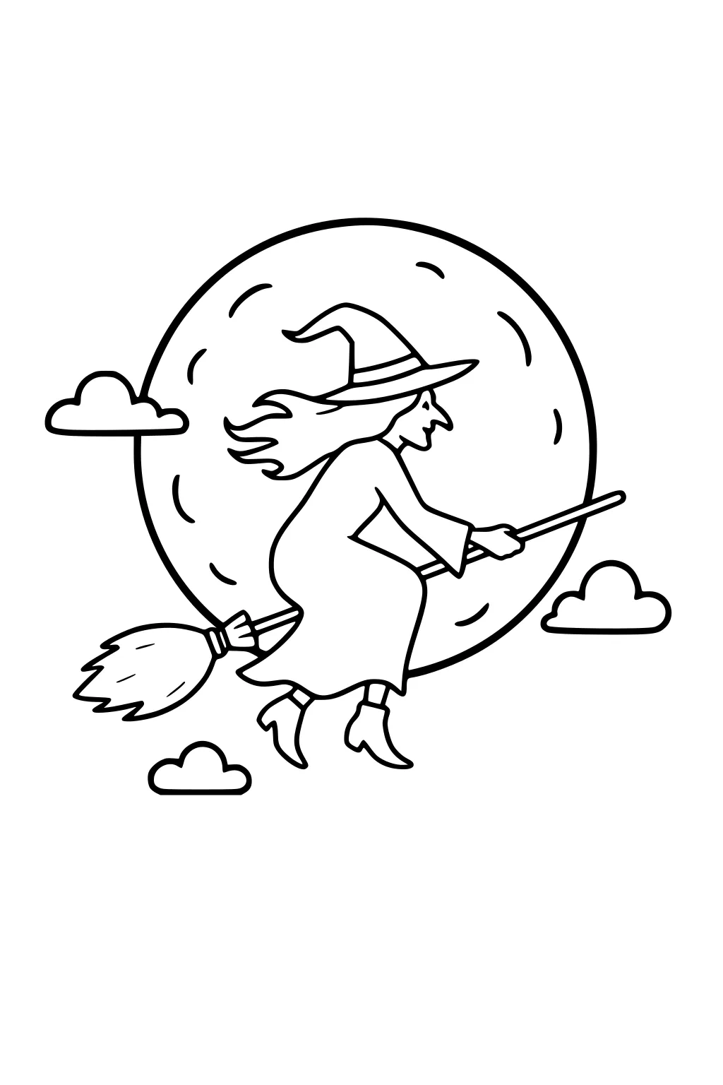 Smiling witch rides a broom across a full moon with puffy clouds, simple bold lines for kids to color.