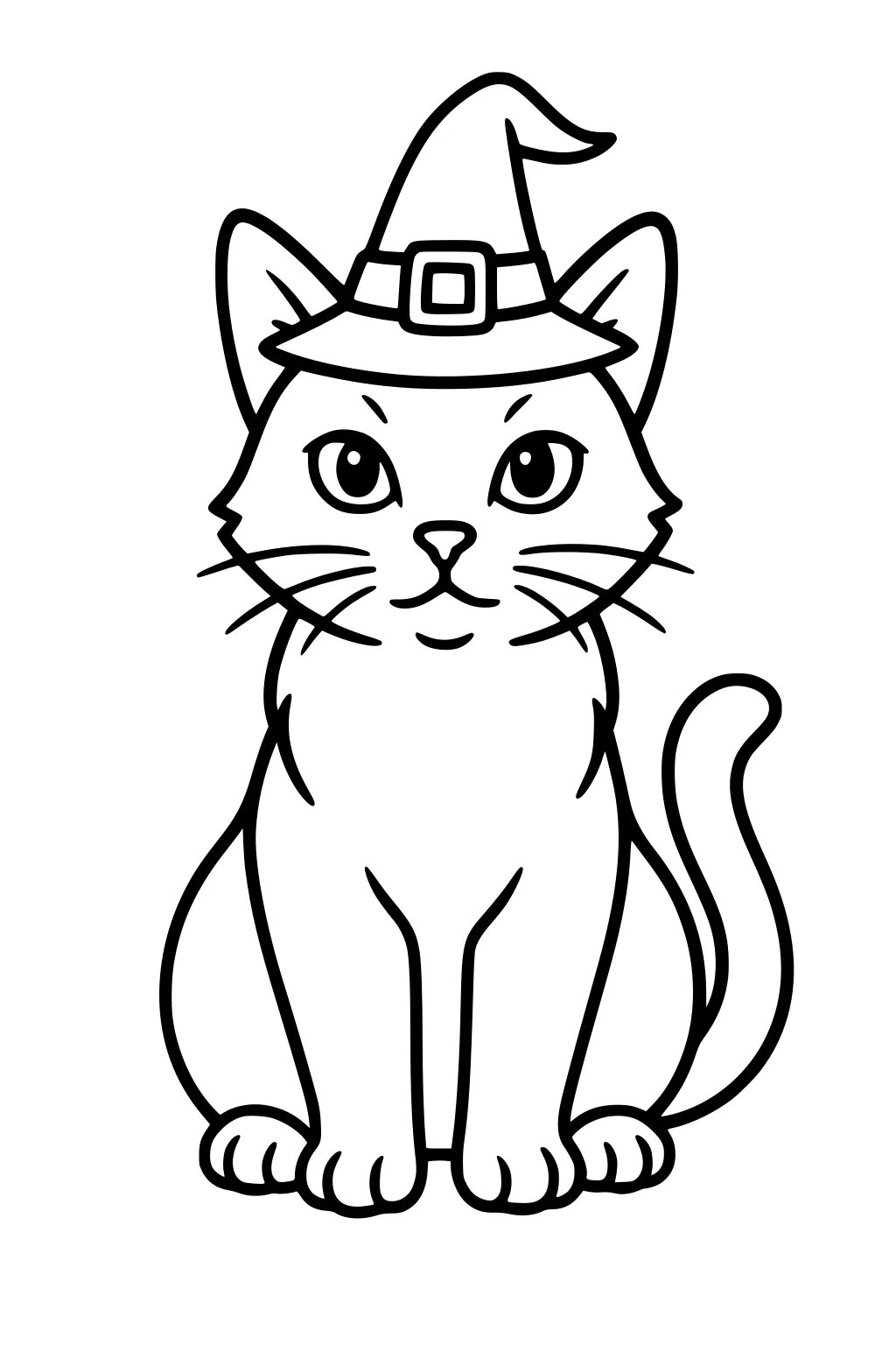 Front view cartoon cat wearing a witch hat with buckle, sitting with neat paws and a curved tail in bold simple lines.