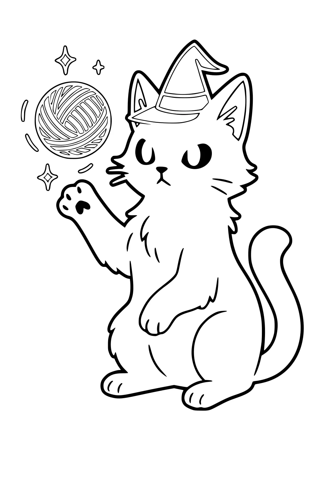 Witch kitten in a pointed hat lifts a paw at a floating yarn ball with sparkles; big eyes, curved tail, bold outlines.