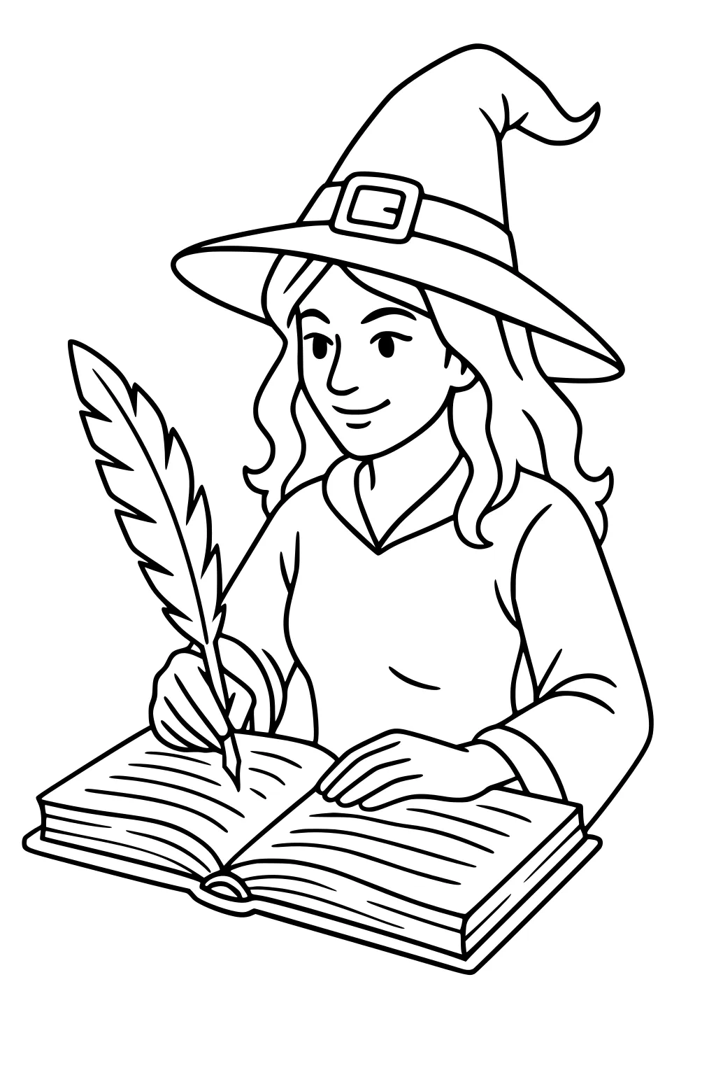 Young witch in pointy hat writes in an open spellbook with a feather quill; wavy hair and long sleeves in simple line art.
