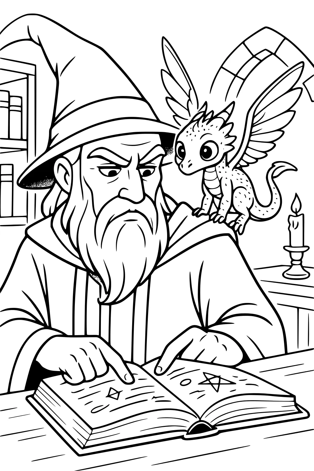 Wizard reading a book with a small winged dragon on his shoulder, lit candle at side, shelves and stone arch in background.