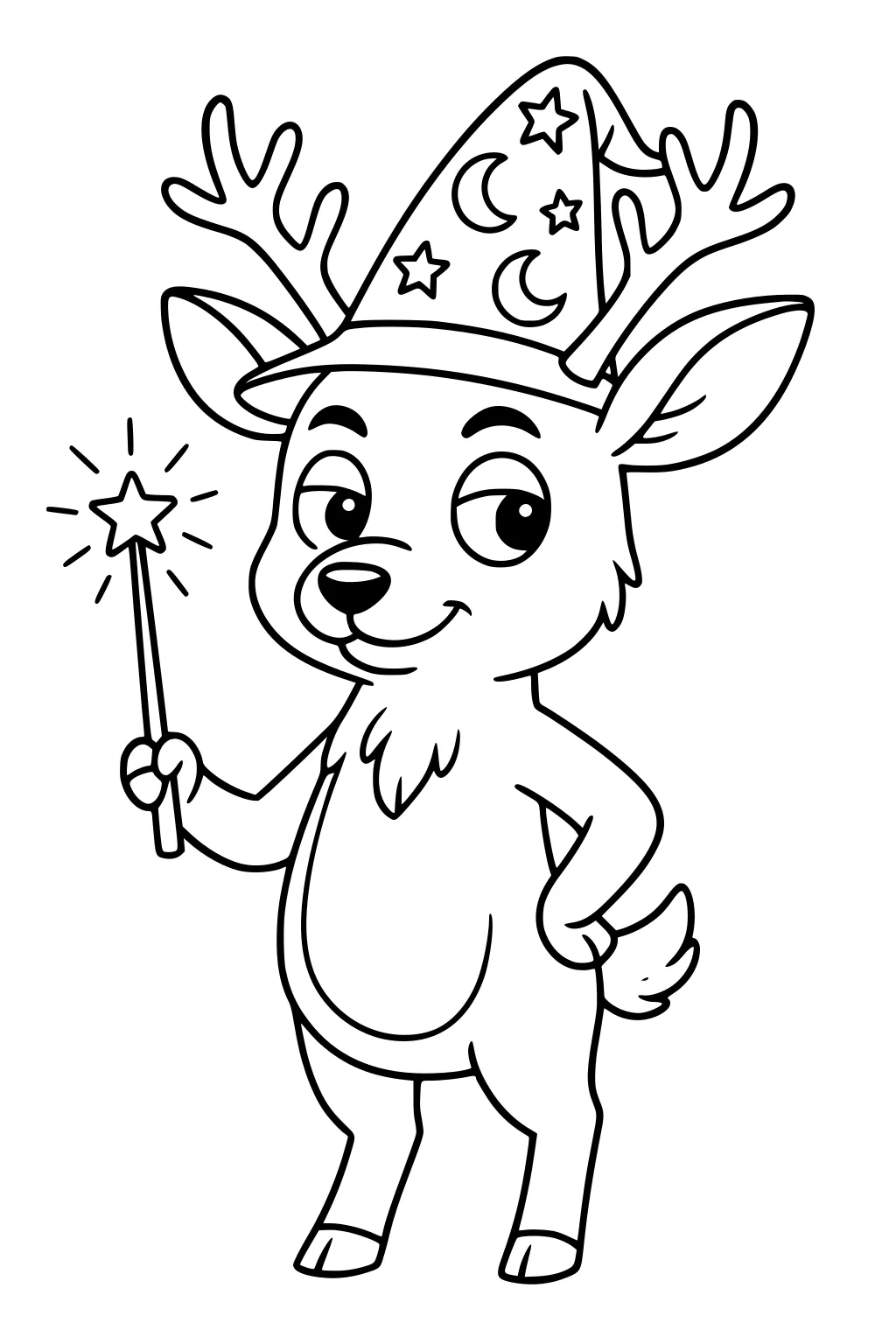 Cartoon deer upright, wearing a wizard hat with stars and moons, holding a star-tipped magic wand.